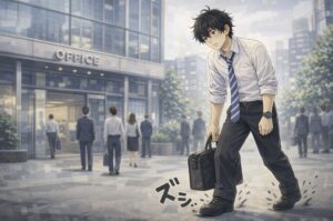 オフィスビルの前を、スーツ姿の若い男性が全身で描かれ、うつむきながら重そうな足取りで歩いている様子と、周囲の人々が普通に出社していく対照的な雰囲気を表現したアニメ風イラスト。