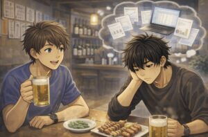 私服で居酒屋に来た若い男性が友人と向かい合って座り、友人が楽しそうに話している一方で、主人公は頬に手をついて考え込み、食事中でも仕事のことが気になっている様子を描いたアニメ風イラスト。