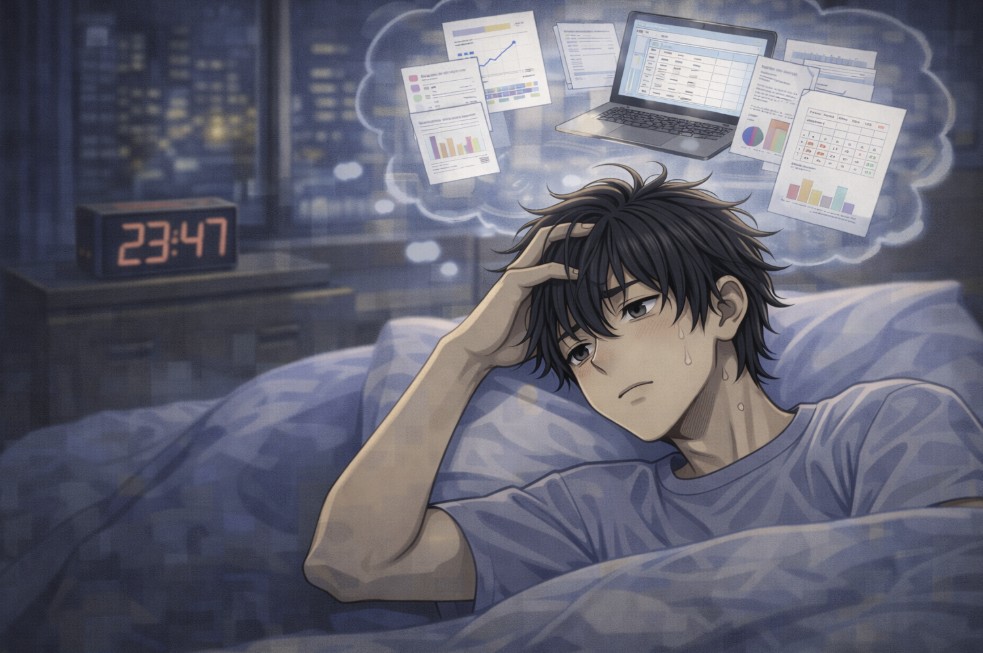 夜の部屋で布団に入った若い男性が、額に手を当てて眠れずに天井を見つめ、ベッドの中で明日の仕事を思い浮かべている様子を描いたアニメ風イラスト。