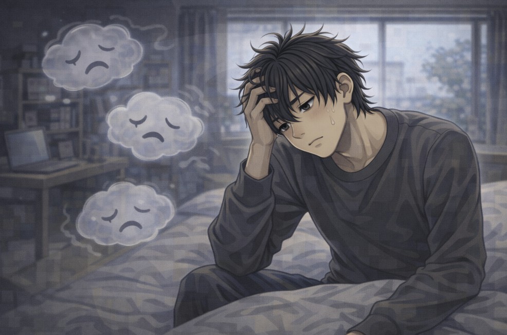 自宅のベッドに座り、額に手を当ててうつむき気味に考え込む若い男性の姿を描き、理由ははっきりしないが気分が沈む日が増えてきた様子を表現したアニメ風イラスト。