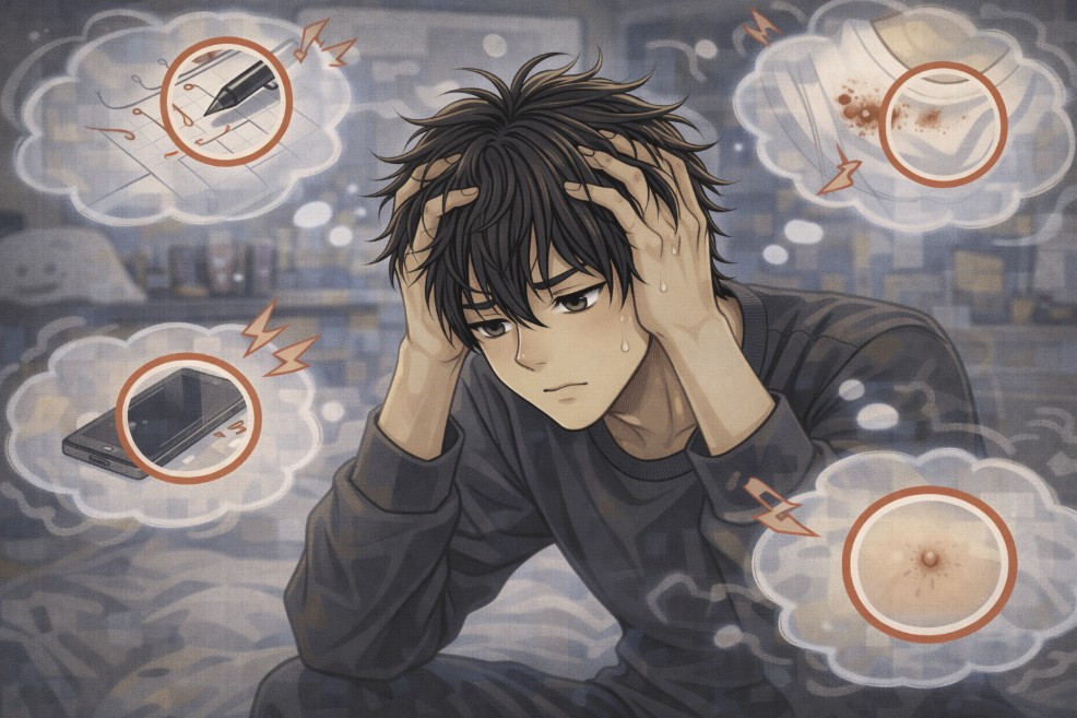 部屋で頭を抱えて座り込む若い男性の周りに、ペンの汚れやスマートフォンの傷、服のシミなどの小さな気がかりが思考のように浮かび、些細なことを過剰に気にしてしまう様子を描いたアニメ風イラスト。