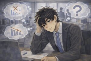 オフィスのデスクで頬に手を当ててうつむき気味に考え込む若い社員の周りに、下がるグラフや疑問符が思考のように浮かび、仕事への自信を失いかけている様子を表現したアニメ風イラスト。