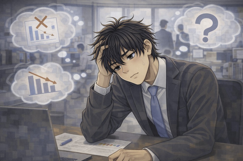 オフィスのデスクで頬に手を当ててうつむき気味に考え込む若い社員の周りに、下がるグラフや疑問符が思考のように浮かび、仕事への自信を失いかけている様子を表現したアニメ風イラスト。