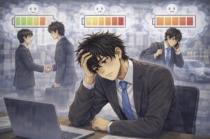 オフィスのデスクで額に手を当てて疲れた表情を浮かべる若い営業社員の周りに、商談や電話対応など営業の場面が思い出のように浮かび、日々の疲れが少しずつ積み重なっていく様子を描いたアニメ風イラスト。