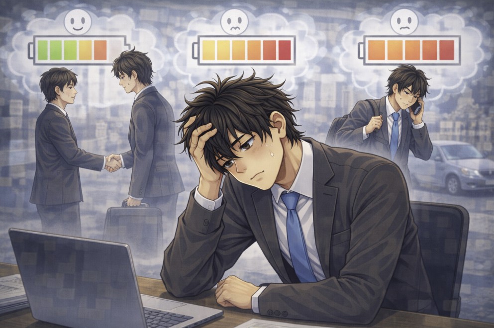 オフィスのデスクで額に手を当てて疲れた表情を浮かべる若い営業社員の周りに、商談や電話対応など営業の場面が思い出のように浮かび、日々の疲れが少しずつ積み重なっていく様子を描いたアニメ風イラスト。