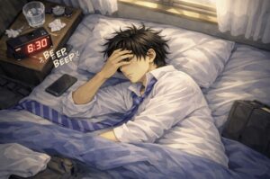 上から見下ろす構図で、ベッドに横たわり目元を手で覆う若い男性。枕元では6時30分を示す目覚まし時計が鳴っており、スーツ姿のまま疲れた様子で起きられずにいる朝の情景。