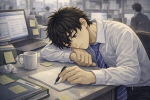 オフィスのデスクでスーツ姿の若い男性が頬を腕に乗せ、ぼんやりした表情でノートにペンを持っている。パソコンや書類、付箋が散らばる中、やる気が出ない一日の雰囲気が伝わる場面のイラスト
