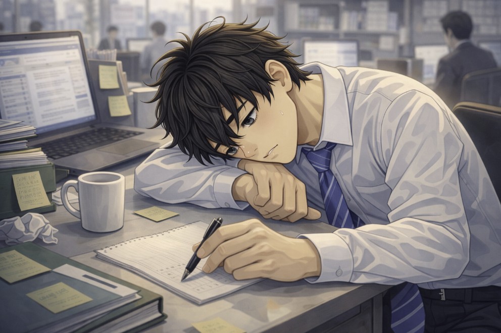 オフィスのデスクでスーツ姿の若い男性が頬を腕に乗せ、ぼんやりした表情でノートにペンを持っている。パソコンや書類、付箋が散らばる中、やる気が出ない一日の雰囲気が伝わる場面のイラスト