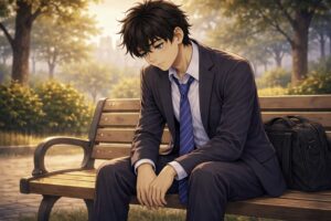 夕方の公園のベンチにスーツ姿の若い男性が一人で座り、うつむいてぼんやりと考え込んでいる。仕事用のカバンが隣に置かれ、疲れや気力の低下を感じさせる静かな情景。