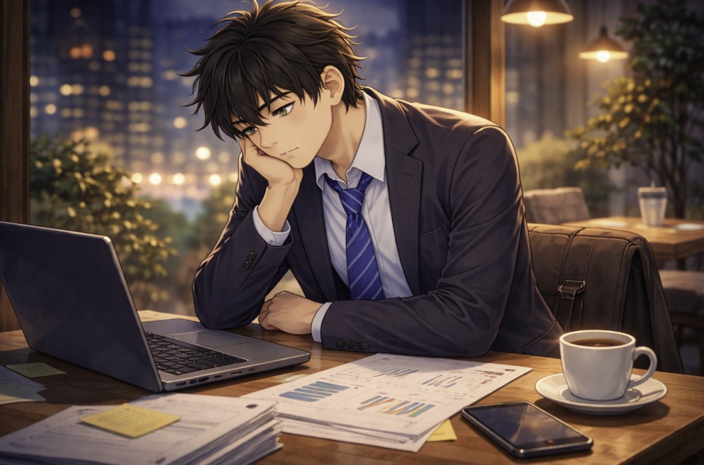 夜のカフェでスーツ姿の若い男性がノートパソコンと資料を前に頬杖をついて考え込んでいる様子を描いたイラスト。コーヒーやスマートフォンが置かれ、仕事のことばかり考えてしまう状態を表現している。