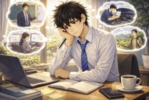 デスクで頬杖をつき、悩んだ表情で将来の仕事について考えている若い男性を描いたイラスト。周囲には教師や事務職、整備士など複数の職業を思い浮かべる吹き出しがあり、適職を模索している様子を表現している。
