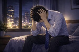 夜の部屋でベッドに座り、両手で頭を抱えて深く悩んでいる若い男性を描いたイラスト。窓の外には夜景が広がり、将来や仕事について強い不安を感じている様子が表現されている。