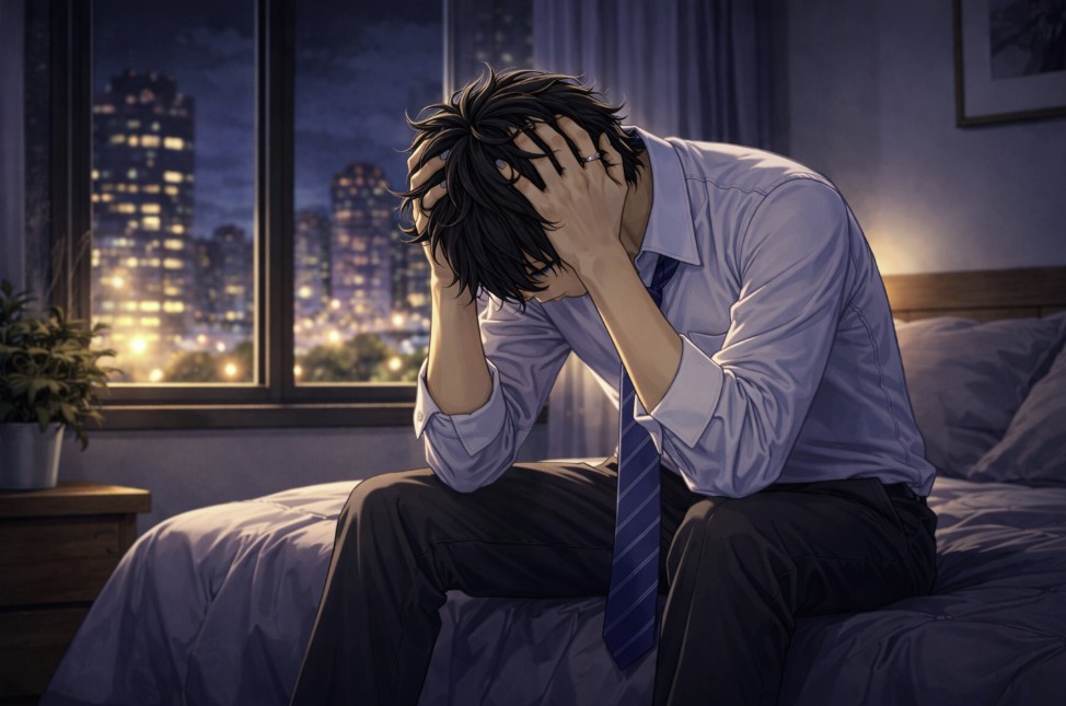 夜の部屋でベッドに座り、両手で頭を抱えて深く悩んでいる若い男性を描いたイラスト。窓の外には夜景が広がり、将来や仕事について強い不安を感じている様子が表現されている。