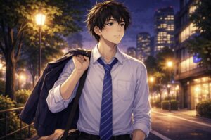 夜の街を歩きながら遠くを見つめ、物思いにふけっているスーツ姿の若い男性を描いたイラスト。肩に上着をかけ、仕事帰りに人生について静かに考えている様子が表現されている。