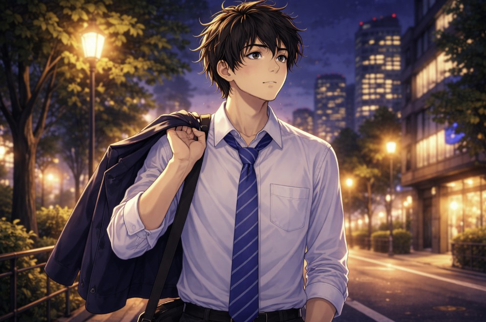 夜の街を歩きながら遠くを見つめ、物思いにふけっているスーツ姿の若い男性を描いたイラスト。肩に上着をかけ、仕事帰りに人生について静かに考えている様子が表現されている。