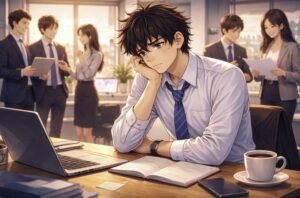 オフィスのデスクで頬杖をつき、周囲の同僚たちが談笑しながら仕事をしている様子を見て落ち込んでいる若い男性を描いたイラスト。自分と他人を比べてしまう気持ちを表現している。