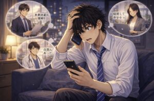 夜の部屋でスマートフォンを見ながら頭を抱え、大学時代の同期の活躍を思い浮かべて焦っている若い男性を描いたイラスト。周囲には就職や結婚、活躍する友人の様子を示すイメージが浮かんでいる。