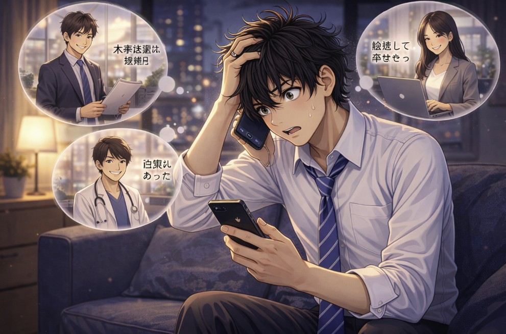 夜の部屋でスマートフォンを見ながら頭を抱え、大学時代の同期の活躍を思い浮かべて焦っている若い男性を描いたイラスト。周囲には就職や結婚、活躍する友人の様子を示すイメージが浮かんでいる。