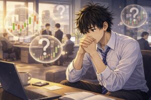 オフィスのデスクで手を組み、将来や自分の成長について不安そうに考え込んでいる若い男性を描いたイラスト。背景では同僚が働き、周囲に疑問符のイメージが浮かび、仕事への迷いを表現している。