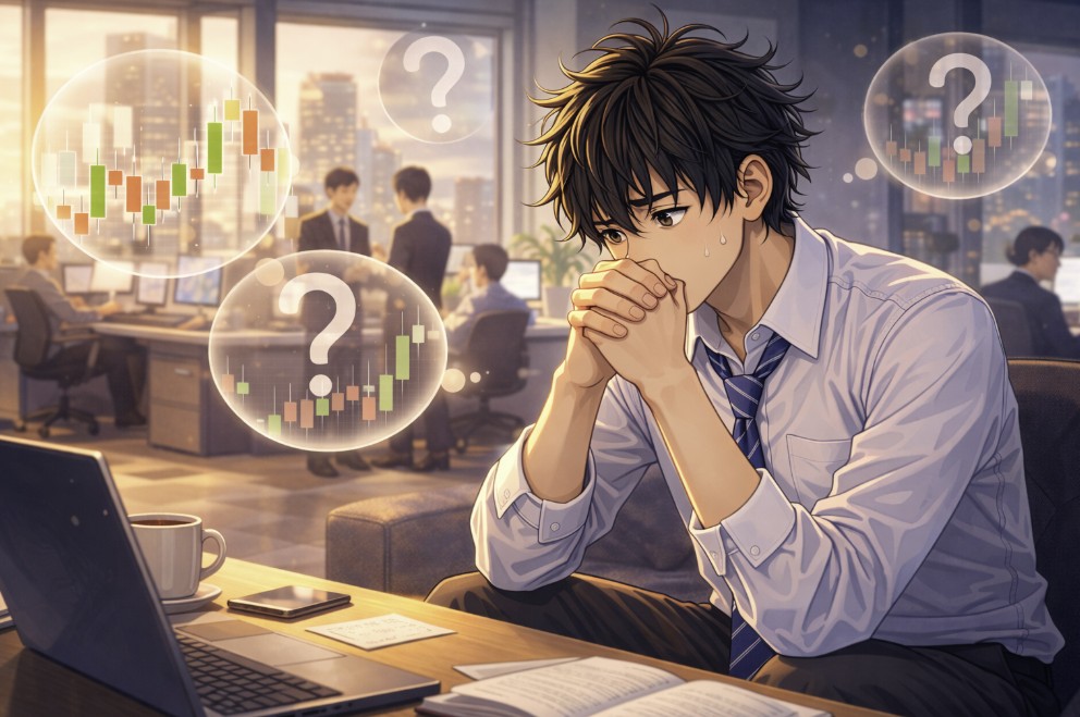 オフィスのデスクで手を組み、将来や自分の成長について不安そうに考え込んでいる若い男性を描いたイラスト。背景では同僚が働き、周囲に疑問符のイメージが浮かび、仕事への迷いを表現している。
