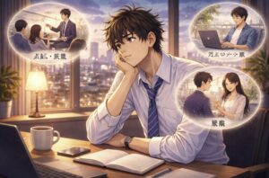 夜景が見える部屋で机に座り、将来について悩みながら考えている若い男性を描いたイラスト。周囲には仕事や働き方、結婚などさまざまな未来を想像するイメージが浮かんでいる。