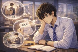 オフィスのデスクで頬杖をつき、退職する人の気持ちについて考え込んでいる若い男性を描いたイラスト。頭の中には荷物を持って会社を去る人や退職届のイメージが浮かび、将来や働き方について思い悩んでいる様子が表現されている。