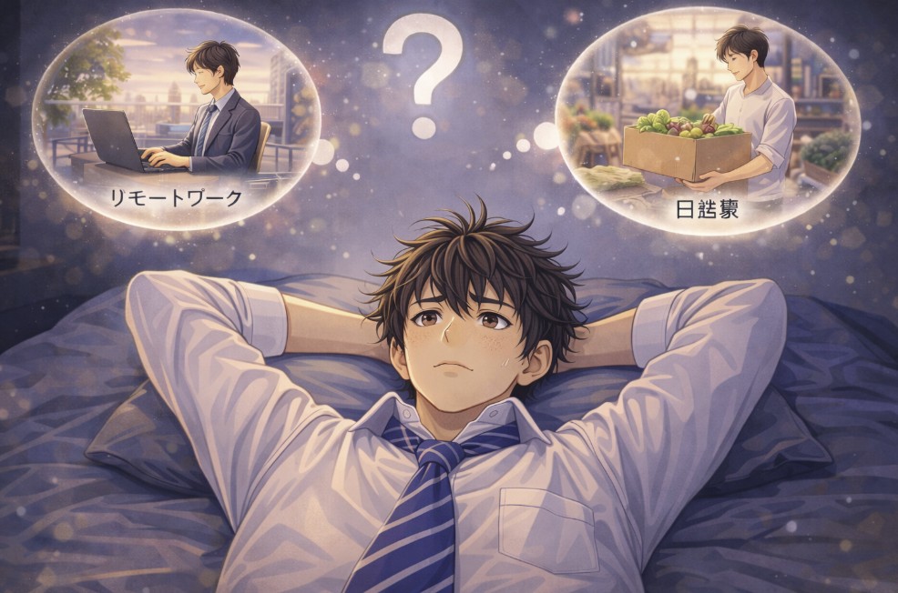 ベッドに仰向けに寝転び、天井を見上げながら将来の働き方について考えている若い男性を描いたイラスト。リモートワークや別の仕事のイメージが浮かび、不安や迷いを感じている表情が見える構図になっている。