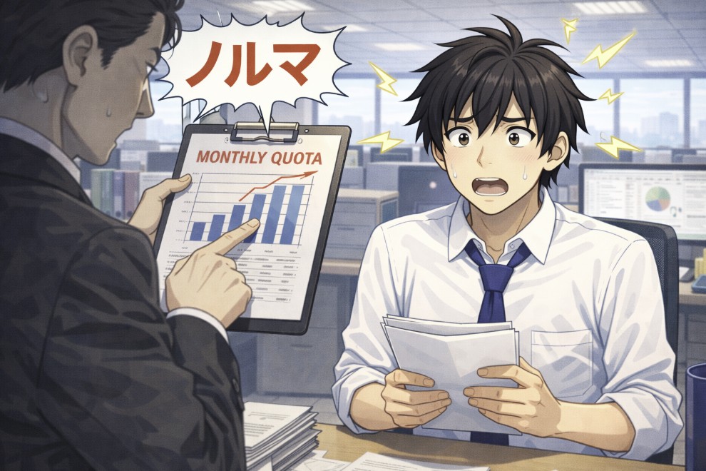 資料を持った上司が月間目標のグラフを指し示し「ノルマ」の話をする中で、書類を手にした若い社員が驚きと不安の表情を浮かべている日中のオフィスのアニメ風イラスト。