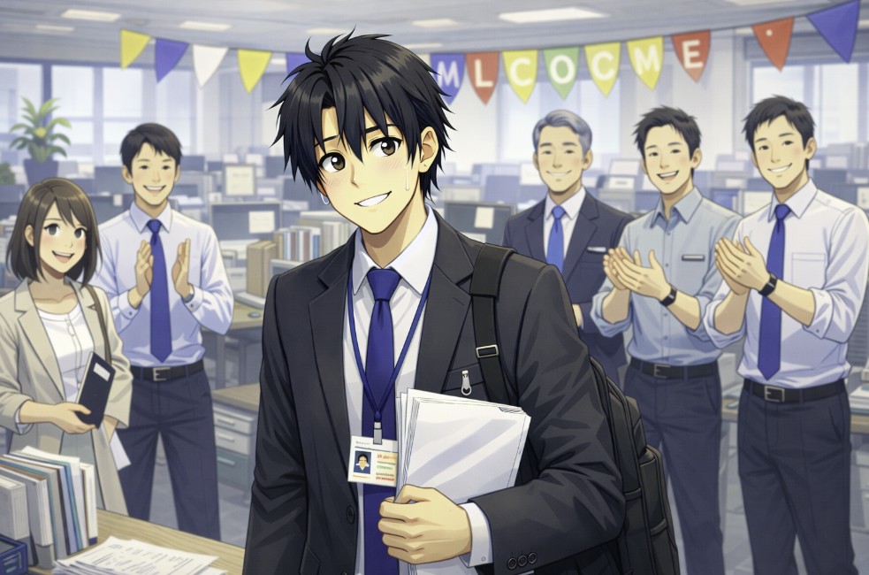 スーツ姿の新入社員の男性が、歓迎ムードのオフィスで少し緊張しながら書類を抱えて立っているアニメ風イラスト