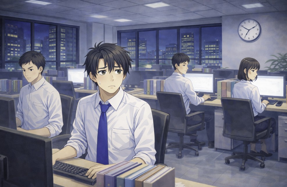 夜のオフィスで複数の社員が同じ大きさで並び、それぞれ無言でパソコン作業を続けている中、主人公の若い社員も戸惑いながらデスクに向かっている様子を広角で描いたアニメ風イラスト。