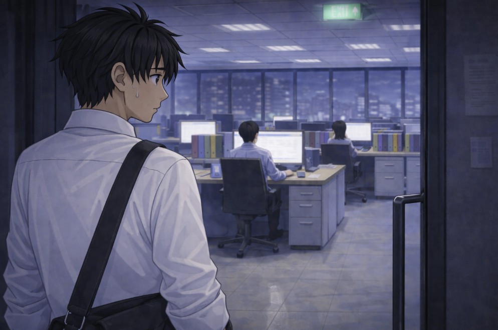 残業後の夜のオフィスの出口に立つ若い社員が、まだ仕事を続けている同僚たちを振り返って見つめ、不安そうな表情を浮かべているアニメ風イラスト。