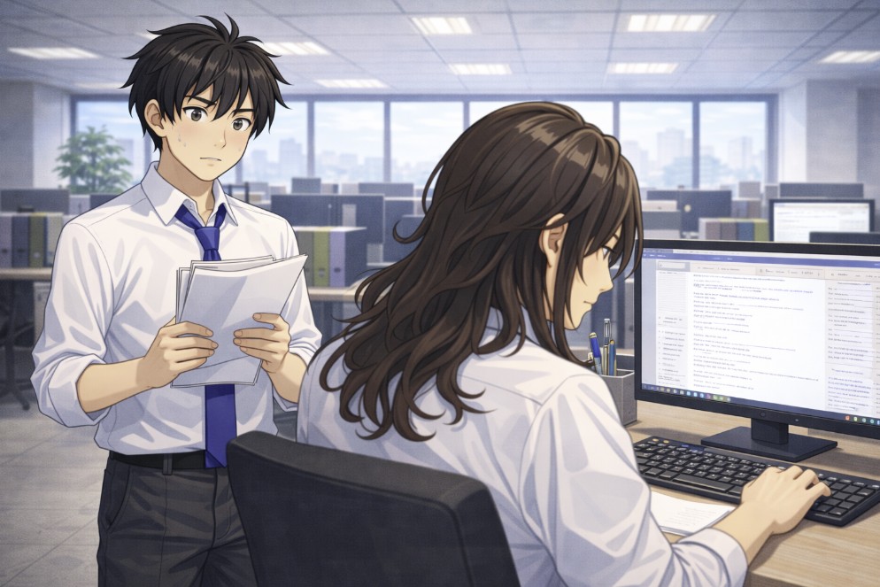 机に向かって作業する先輩の後ろで、書類を手にした若い社員が声をかけるタイミングを迷い、不安そうに立ち尽くしている日中のオフィスのアニメ風イラスト。