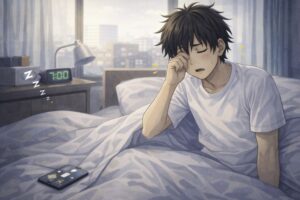 朝の光が差し込む部屋で、ベッドに座った若い男性が目をこすりながら少しだるそうな表情を浮かべ、起きるのが少しつらくなってきた様子を描いたアニメ風イラスト。