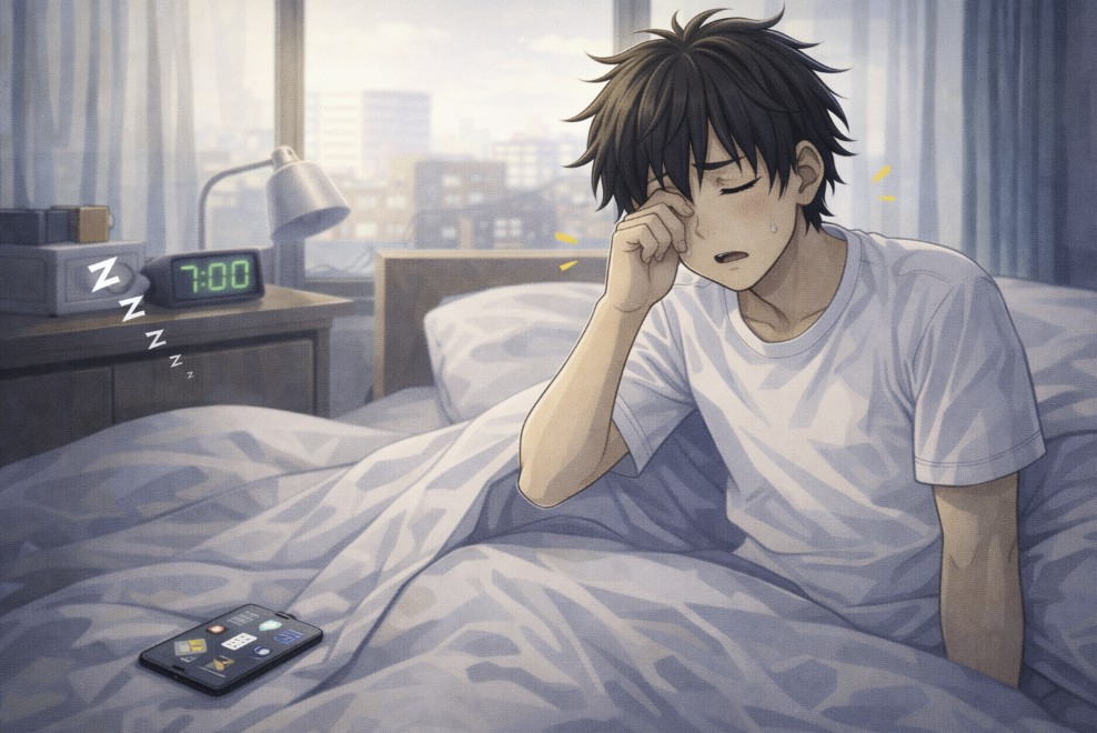 朝の光が差し込む部屋で、ベッドに座った若い男性が目をこすりながら少しだるそうな表情を浮かべ、起きるのが少しつらくなってきた様子を描いたアニメ風イラスト。