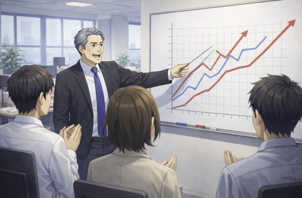 オフィスの朝礼で、年配の部長がホワイトボードに表示された右肩上がりのグラフを指し示しながら、社員たちを前に力強く話しているアニメ風イラスト。社員は前方から拍手を送り、会議室の後ろには窓越しに明るいオフィスの景色が広がっている。