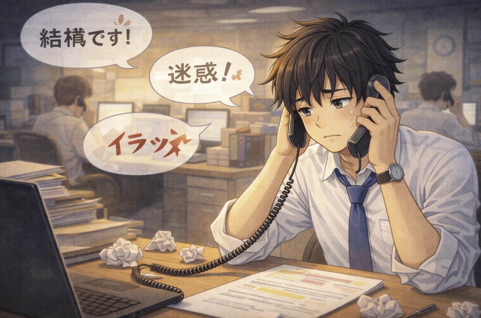 オフィスで電話営業をしている若い社員が、何度も断られた様子に落ち込みながら受話器を握り、机の上には丸めた紙が散らばっているアニメ風イラスト。