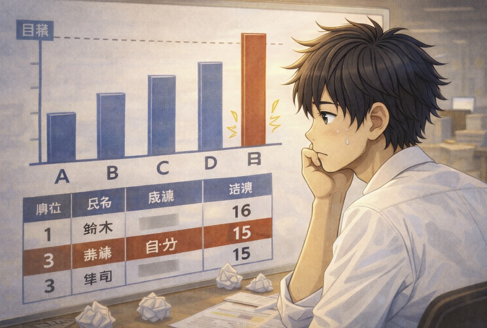 社内の成績グラフが表示されたボードを前に、顎に手を当てて真剣な表情で見つめる若い社員の姿を描き、自分の数字を意識し始めた瞬間を表現したアニメ風イラスト。