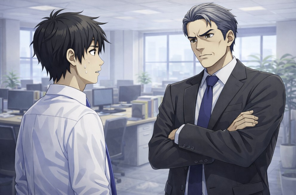 明るいオフィスの中で、腕を組んだ年配の上司と向き合い、少し緊張した表情を見せる若い社員のアニメ風イラスト。