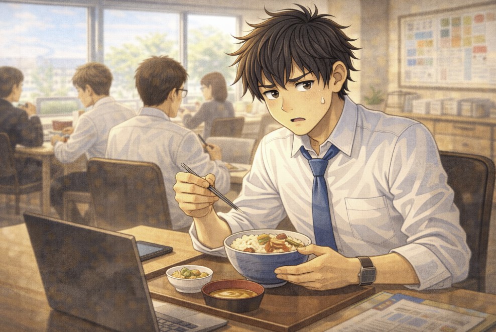 会社の食堂でご飯を食べながら、箸を持ったまま怪訝な表情で考え込んでいる若い社員と、周囲では他の社員が普通に食事をしている日中のアニメ風イラスト。