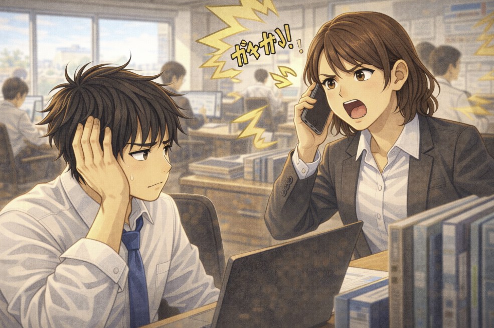 日中のオフィスで、30代の女性の先輩が強い口調で電話をして声が大きくなっている横で、若い社員が机に座りながら少し気にするような表情を見せているアニメ風イラスト。
