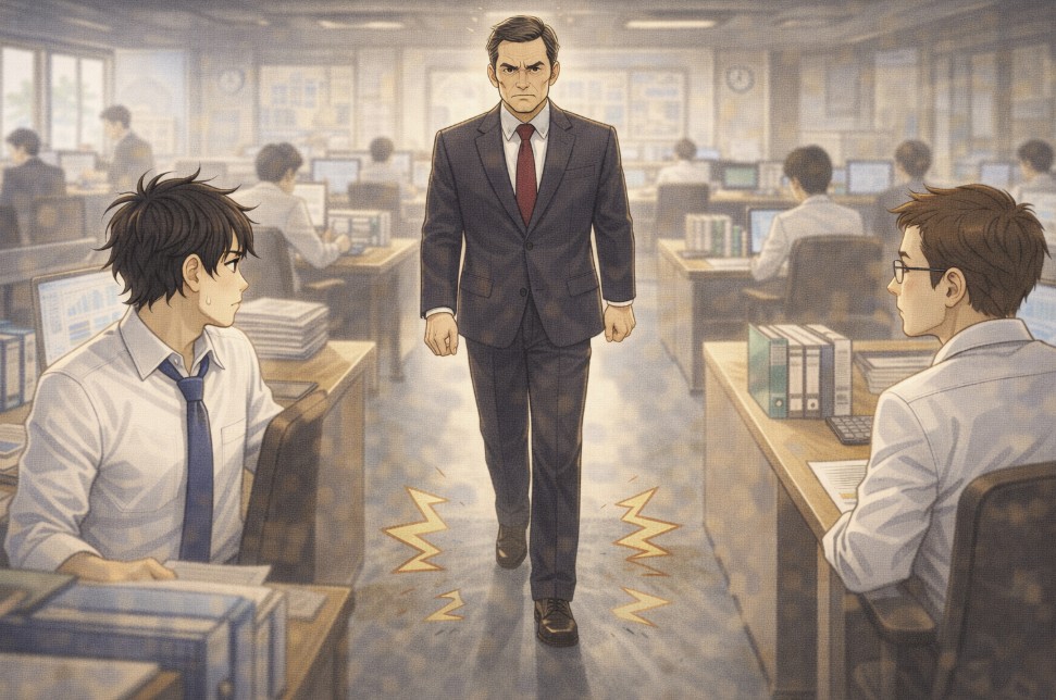 日中のオフィスの中央を全身で歩く上司を中心に、その左右で社員たちが机に向かって作業をしながら緊張した様子で視線を向け、場の空気が引き締まる瞬間を描いたアニメ風イラスト。