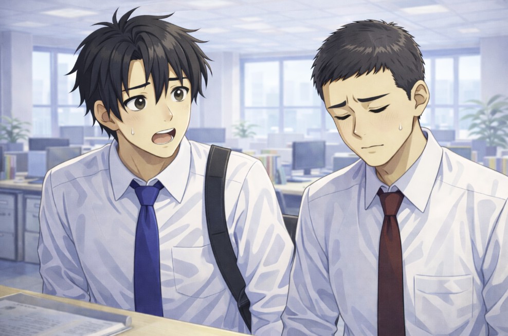 オフィスのデスクで、青いネクタイの男性が心配そうに声をかけ、落ち着いた赤いネクタイの同期がうつむき気味に暗い表情を見せているアニメ風イラスト。