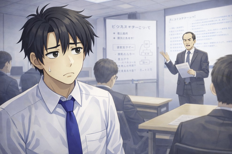 会議室で行われている研修を受けながら、前方の講師の説明を聞きつつも少し戸惑った表情を浮かべる若い社員のアニメ風イラスト。