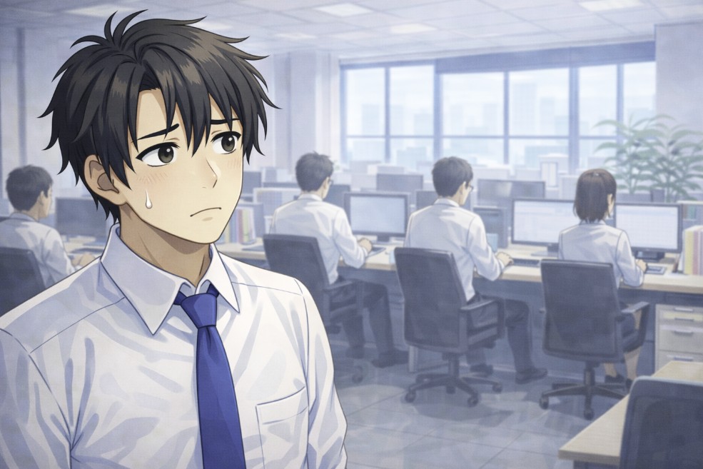 静かなオフィスで、周囲の社員がそれぞれ黙々とパソコン作業をしている中、少し戸惑った表情で立ち尽くす若い社員を描いたアニメ風イラスト。