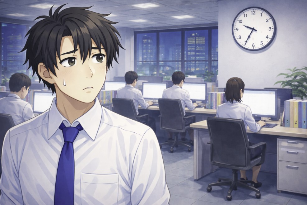 夜のオフィスで、社員全員が黙々とパソコンに向かって仕事を続けており、戸惑った表情の若い社員がその様子を見ているアニメ風イラスト。