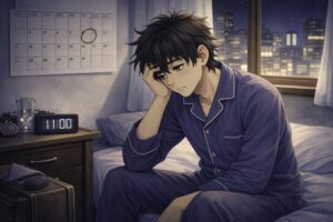 日曜の夜、パジャマ姿の若い男性がベッドの端に座り、頬杖をついて沈んだ表情をしている。枕元の時計は23時を示し、壁のカレンダーの日曜日が丸で囲まれ、窓の外には夜の街の明かりが広がっているイラスト