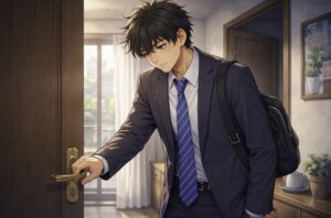 朝の部屋の中で、スーツ姿の若い男性がドアノブに手をかけたまま動けずにいる。肩にカバンをかけ、うつむき気味の表情で出勤をためらっている様子が伝わる静かな一場面。
