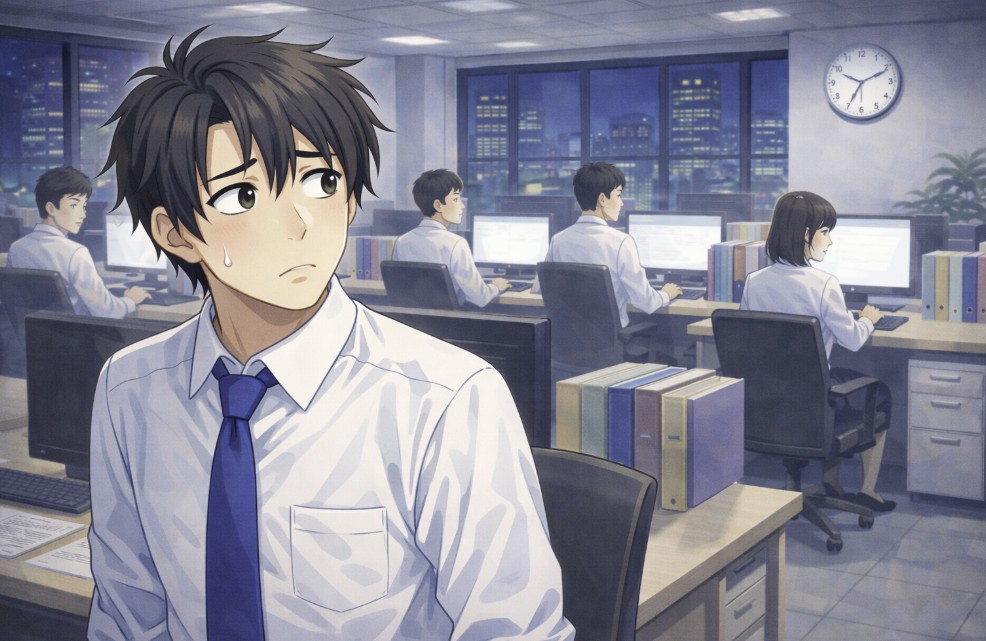 夜のオフィスでデスクに座った若い社員が周囲を見渡し、他の社員もパソコン作業を続けながら互いの様子をうかがっているアニメ風イラスト。